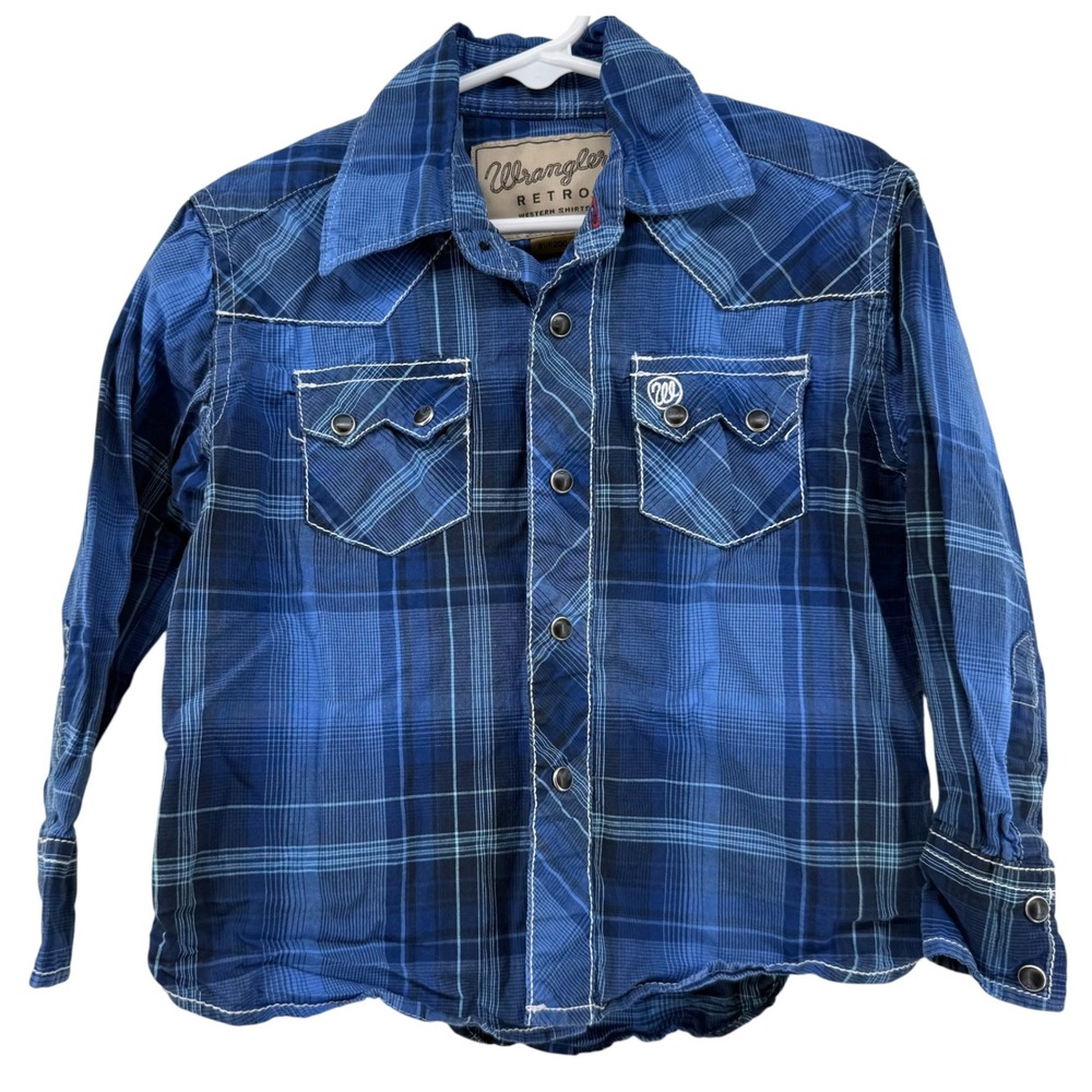 Wrangler Retro Kids Blue Plaid Long Sleeve Western Snap Shirt Size XS 3-4
